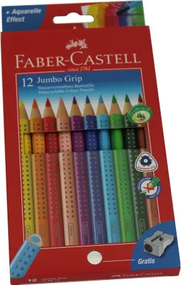 Zdjęcie produktu dla Kredki ołówkowe Faber Castell Jumbo Grip, rozpuszczalne w wodzie, pole na imię, 12 sztuk w etui