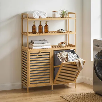 Produktbild von SUGIFT freistehend, Wäscheschrank Bambus mit Kippfunktion, 2 herausnehmbare Körbe, 3 Ablagefächer, Eiche  |  10,8 kg  |  80 x 30 x 118 cm
