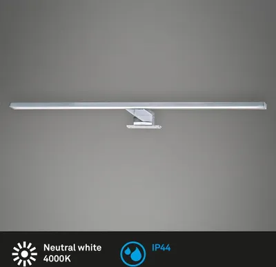 A silver LED light fixture mounted on a gray background.