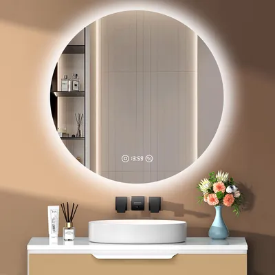 Produktbild von PESENXAN Runder Spiegel mit Beleuchtung 60cm, LED Spiegel Bad mit Licht, Uhr, Beschlagfrei, 3 Lichtfarben, Dimmbar, Touch-Schalter, Speicherfunktion