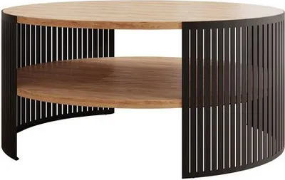 A round coffee table with two wooden shelves and a black metal slatted base.