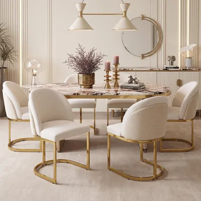 Immagine prodotto di Set di 6 sedie da pranzo Flieks, con gambe placcate in oro, comode, traspiranti, rivestite in tessuto di chenille, ideali per la cucina, imbottite, colore beige e oro