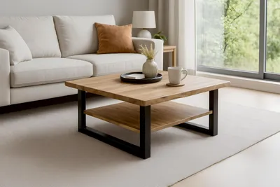 Produktbild von Couchtisch 90x90 cm Patrick, Sofatisch mit Ablage, Akazienholz massiv + naturfarben + lackiert, Beistelltisch mit schwarzem U-Metallgestell, echte Baumkante