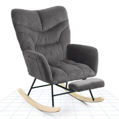 Produktbild von FLEXISPOT Schaukelstuhl Schaukelsessel hohe Rückenlehne & Fußstütze, Moderner Relaxsessel mit Holzkufen, gepolstert für Wohnzimmer, bis 120 kg Grau