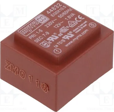Obrázek produktu pro 1x Transformátor: izolovaný, 230 VAC, 1,8 VA, montážní typ 44832, výstupní proud 150 mA, výstupní napětí 12 V
