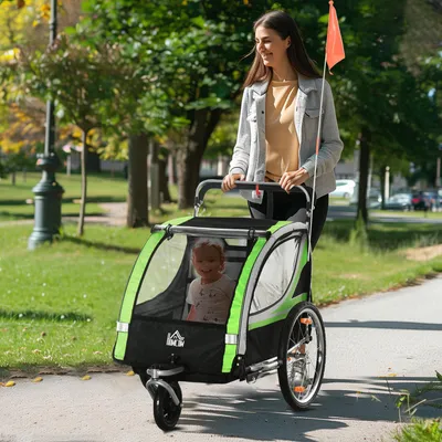 Produktbild von Kinderfahrradanhänger 2-in-1 mit Schiebefunktion, Fahrradanhänger Jogger Stahlrahmen, Grün-Schwarz | 142 x 75 x 101 cm | 15,2 kg | 20-Zoll-Luftreifen
