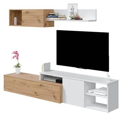 Wohnzimmer-Set, TV-Möbel, Eiche Nodi/Weiß, 221x44x40 cm