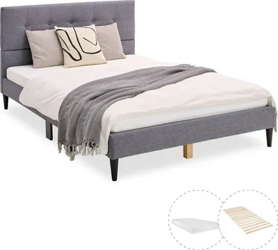 Image de Lit rembourré avec matelas 140x200 Sommier à lattes Lit double en tissu Cadre de lit Lit gris