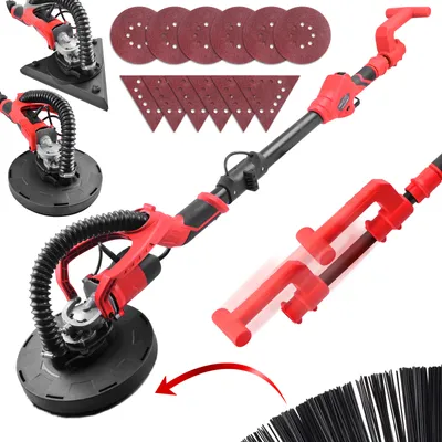 Produktbild von TIMBERTECH® Trockenbauschleifer - 710W, 12 Schleifscheiben Ø 220mm, Drehzahlregelung 1.000-2.100 U/min, Teleskopstange 1,3-1,6m, Schwarz-Rot - Langhalsschleifer, Deckenschleifer, Deltaschleifer