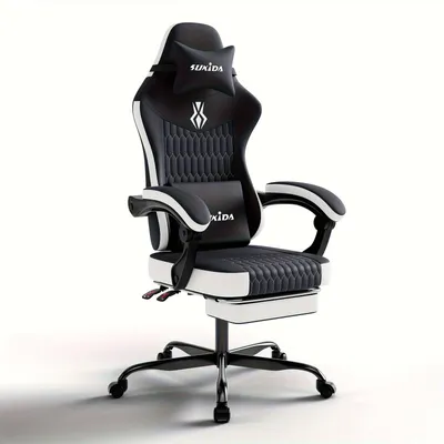 Image de Chaise de bureau ergonomique Game Stoel, avec hauteur, dossier et repose-pieds réglables, en noir et blanc