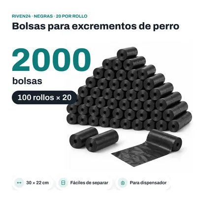 Imagen del producto de RIVEN24 Bolsas para excrementos de perro negras, 2000 bolsas (100 rollos × 20), 30 × 22 cm, para dispensador