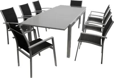 Produktbild von DEGAMO Gartenset Sitzgruppe Gartengarnitur MARINA 9-teilig, 8x Stapelsessel Aluminium + Kunstgewebe, 1x Ausziehtisch 180/240x100cm Aluminium + Glas