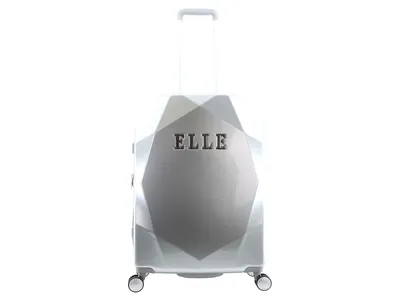 A silver suitcase with the Elle logo on the front, set against a white background.