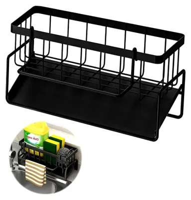 Produktbild von Spülbecken Organizer, Schwammhalter Küche Schwarz mit Ablaufwanne und Handtuchhalter Abnehmbar, Waschbecken Organizer für Küche, Bad, Waschküche, Speisekammer