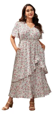 Produktbild von Plus Size Damen Midi Kleid mit Blumenprint, V-Ausschnitt, Rüschen, Schlitz am Saum und Taschen, Größe 54
