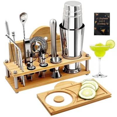 Produktbild von Cocktailshaker-Set 16-teilig mit Bambus-Ständer & Salzrander, 825ml Boston Shaker, inkl. Zubehör & Rezeptbuch