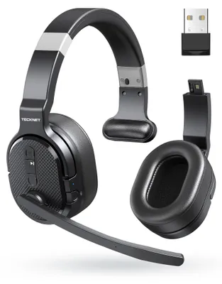 Produktbild von TECKNET Bluetooth Headset mit Mikrofon, Single und Dual Noise Cancelling Headset Kabellos mit USB Dongle, 3 EQ Musikmodi, Over Ear Kopfhörer Kabellos Bluetooth für Office, Home, Zoom
