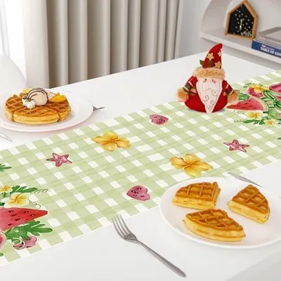 Produktbild von Tischläufer in Grün, Leinen Tischläufer Modern 33 x 183 cm, Tischdeko mit Wassermelonenmotiv für Küche, Esstisch und Garten im Sommer