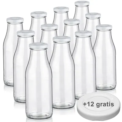 Produktbild von Milchflaschen 0,5L Smoothie Saft Flaschen 500ml leere Glasflaschen Deckel BPA frei, 12 Milchflaschen mit 24 Deckeln