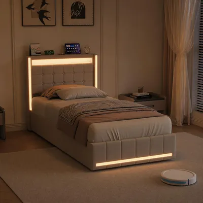 Produktbild von INONEFT Boxspringbett 90x200 mit Stauraum, LED & USB-C – Jugendbett,Polsterbett Einzelbett mit Lattenrost,Hydraulisches Stauraumbett,Leinen, Beige