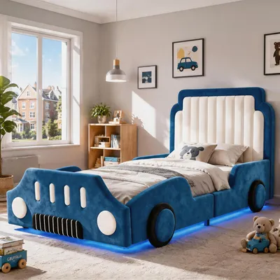 Produktbild von Merax Kinderbett Polsterbett 90x200cm mit Schutzgitter, Auto Bett mit LED Beleuchtung, Einzelbett Jugendbett aus Samt für Kinderzimmer, Blau