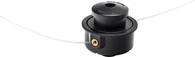 A close-up studio shot of a black string trimmer head with white trimmer line extending outwards.