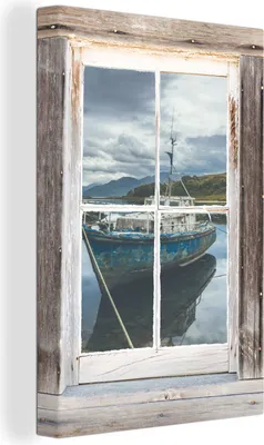 Produktbild von OneMillionCanvasses® - Leinwandbilder - 90x140 cm, Transparent - Boot - Holz, - Geöffnetes Fenster - Fensterblick Schlafzimmer Kunstdruck Wanddekoration - Foto auf Leinwand - Gemälde auf Holzrahmen  - Wandschmucke - Schlafzimmer