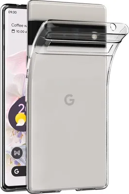 A clear phone case is shown over a Google Pixel phone.