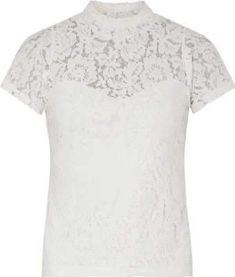 Produktbild von Bluse ZAYLA aus Spitzenstoff mit hochgeschlossenem Kragen, kurzarm, elegant, Offwhite Schwarz