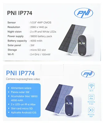 Produktbild von PNI IP774 4MP-Videoüberwachungskamera, 3-W-Solarpanel, integrierter 4000-mAh-Akku, Bewegungserkennung, Micro-SD-Kartensteckplatz, Nachtsicht, bidirektionales Audio