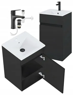 Produktbild von Hängender Waschtischunterschrank 45 cm schwarz matt mit Keramikbecken, Armatur & Siphon