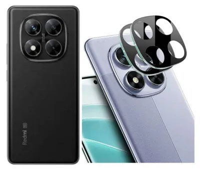 A collage showing a black smartphone on the left and a purple smartphone with a camera lens protector on the right.