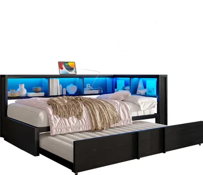 Produktbild von Merax Tagesbett 90x200 cm, mit Ausziehbett 90x190 cm, LED-Beleuchtung, USB-Anschlüssen & 5 Staufächer, Schlafsofa, Daybett, Kinderbett, Schwarz
