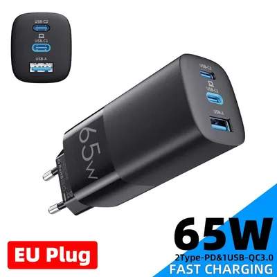 Produktbild von GaN Ladegerät 65W, USB-C, Schnellladung QC4.0/QC3.0/PD3.0, für iPhone, Samsung, Xiaomi, Laptop – 1 Stück