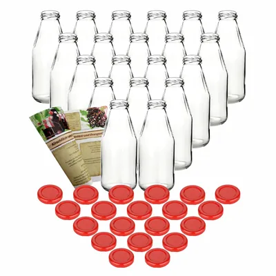 Produktbild von gouveo 20er Set Saftflasche 500 ml mit Schraub-Deckel rot - Kleine Glasflasche 0,5 l mit TO43 Verschluss - Leere Flasche zum Befüllen für Küche und Haushalt