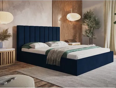 Produktbild von Polsterbett SIM 9 mit Kopfteil, 120x200 cm, Doppelbett mit Bettkasten und Lattenrost aus Holz, Velourstoff, Farbe: Blau