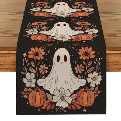 Obrázok produktu pre Halloween, obrus na stôl, 33x183 cm, ľan, oranžová a čierna farba, motívy: duch, chrysantéma, umývateľný
