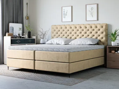 Obrázek produktu pro GrainGold Boxspringbett Bergamo 200x200 cm - Postel 200x200, kontinentální postel s podnožkou - Manželská postel s matrací - Béžová (Monolit 04)