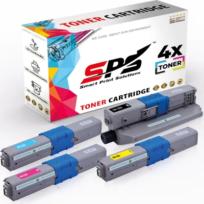 A box of toner cartridges with several toner cartridges displayed in front of it.