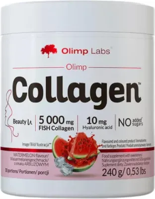 A product shot of a tub of Olimp Collagen powder with watermelon flavor.