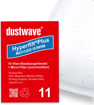 A red package with product information and a white vacuum cleaner bag.