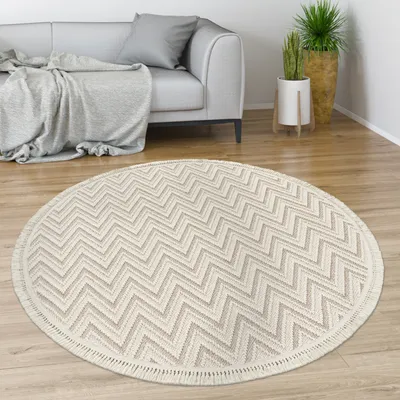 Produktbild von Teppich Wohnzimmer Esszimmer Boho Rauten Muster Geometrisch Mit Fransen Modern Grösse 120 cm Rund