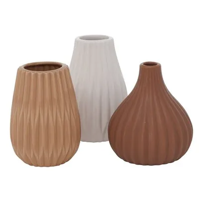 Produktbild von Blumenvase aus Keramik im 3er Set Mattes Design Mehrfarbig Höhe 14 cm Tischdekoration Moderne Vase Tischvase -  Weiß Braun