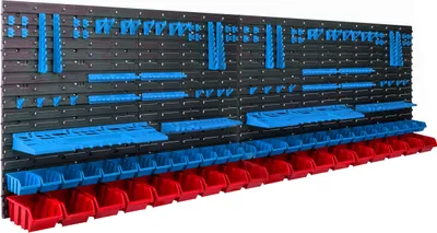 Produktbild von 46 Stapelboxen Wandregal Kunststoff 231,6 x 78 cm Werkzeughalter Werkstatt Garage Lagersystem Sichtlagerkästen Schütte