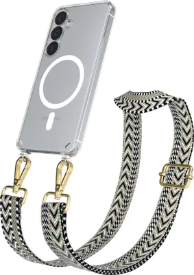 Produktbild von EAZY CASE - Handykette mit MagSafe Hülle für Samsung Galaxy S25, Handyband ZigZag Style,Karabiner Gold, Umhängeband in Grün