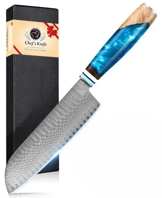 Immagine prodotto di Coltello Santoku - Coltello da cucina in acciaio damasco - Lama di 18 cm - Estremamente affilato - Manico in acciaio inossidabile - Manico blu