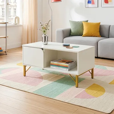 Obrázek produktu pro Konferenční stolek „Reyri“ s dvířky a otevřenou přihrádkou, 80 x 45 x 42 cm, obdélníkový, kovová konstrukce, bílá/zlatá barva