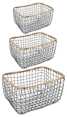 Zdjęcie produktu dla Zestaw 3 koszy metalowych JIMO, czarne - Kosze do przechowywania z ramą imitującą rattan, kosze druciane, kosze dekoracyjne, organizery, możliwość układania w stos, do salonu, łazienki, kuchni