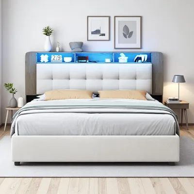 Image de Fortuna Lai Lit rembourré 160x200 cm, lit de rangement hydraulique avec LED & USB, velours, beige
