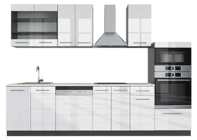 Obrázok produktu pre Kuchynský kút Vicco Fame-Line Biely vysoký lesk/antracit 300 cm s vysokou skriňou, AP mramor, Model 42739